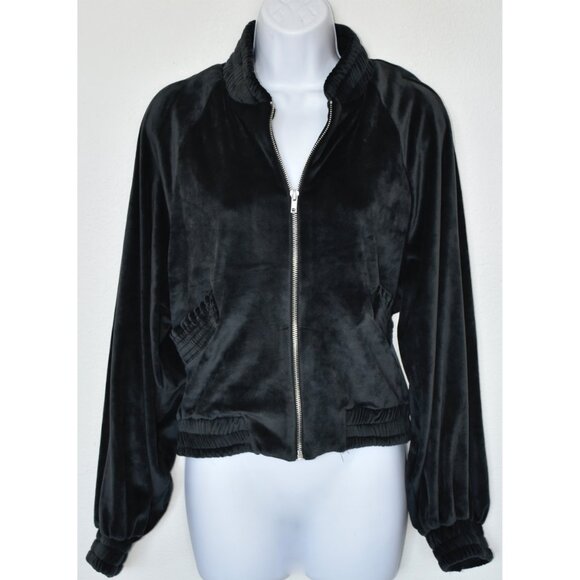 THEO & SPENCE WOMEN NWT FULL ZIP TEXTURED VELOUR BLACK BOMBER JACKET. SIZE M - Picture 4 of 11